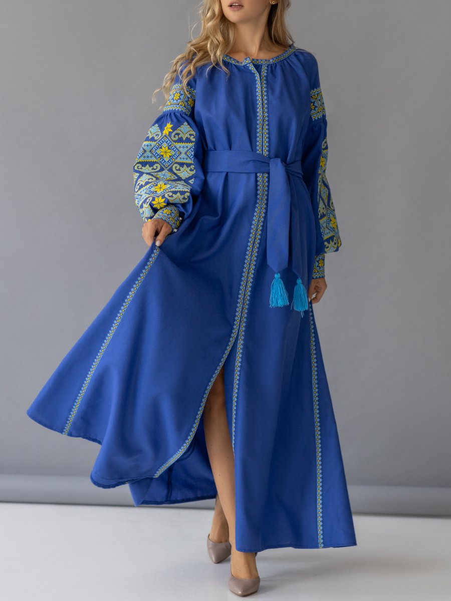 Embroidered Cotton Blue Maxi Dress