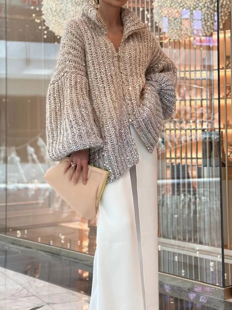 Solid Color Knitted Sequined Sweater Jacket