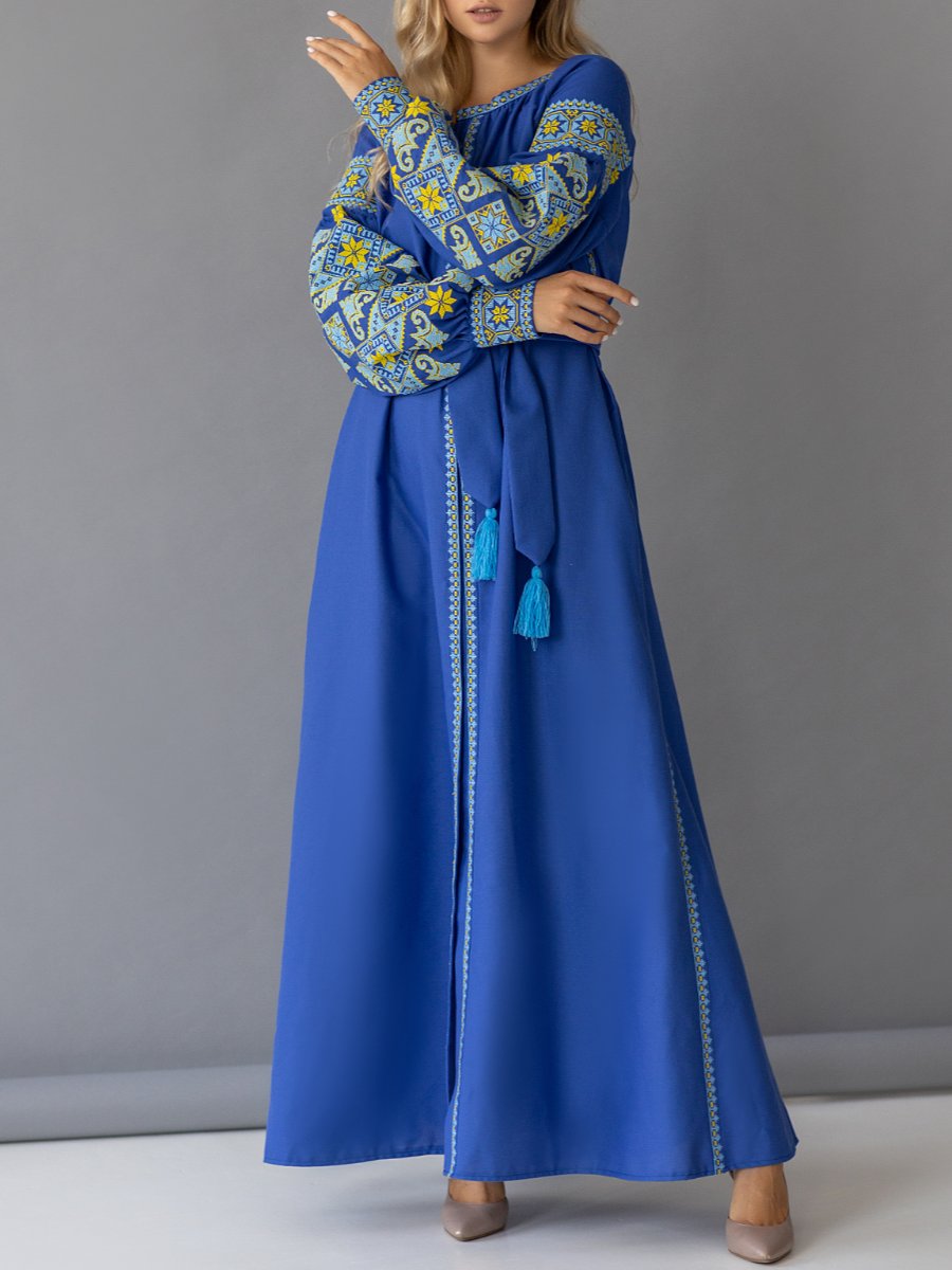 Embroidered Cotton Blue Maxi Dress