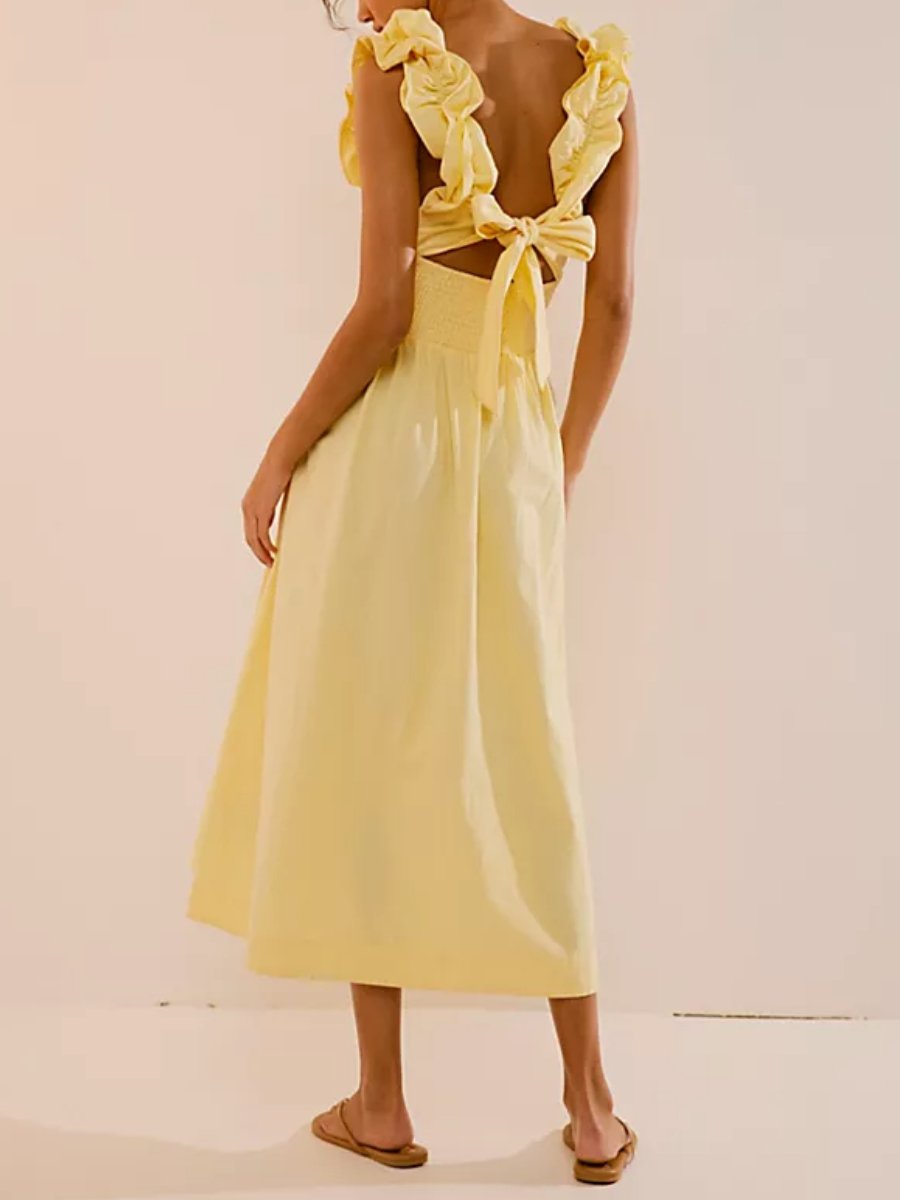 Ruffled Square Neck Yellow Midi Dress