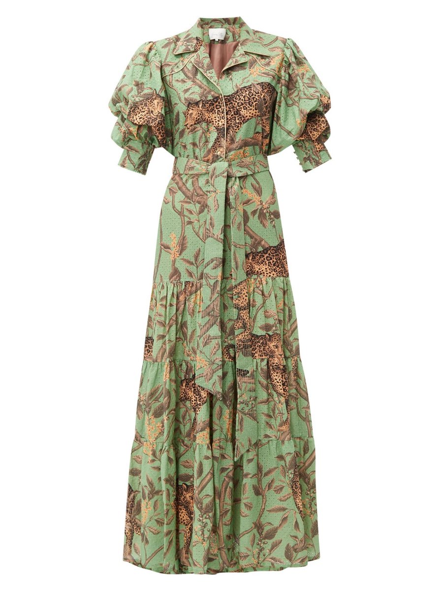 Green Cotton Leopard Print Maxi Dress