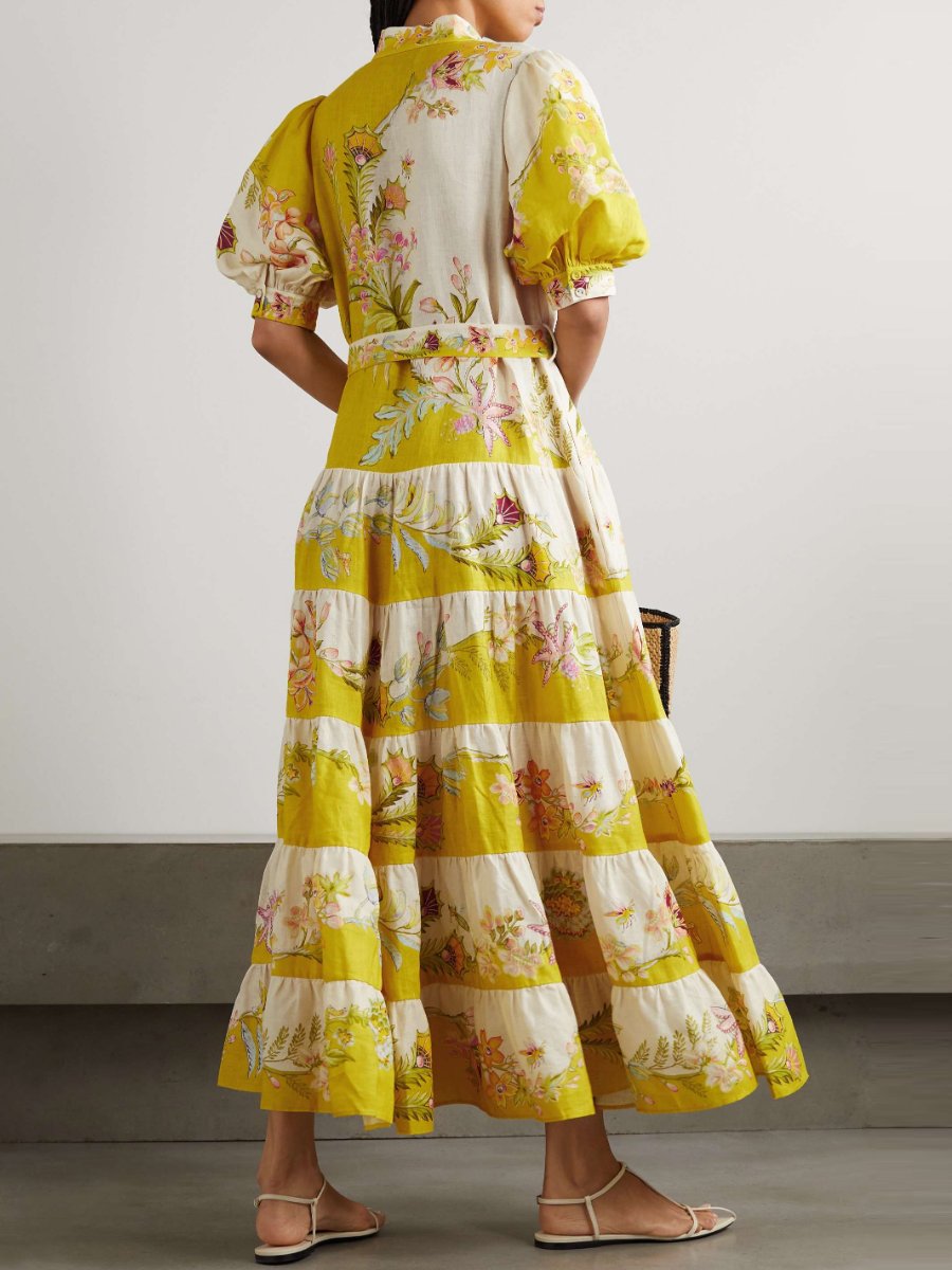 Belted Tiered Printed Linen Maxi Dress