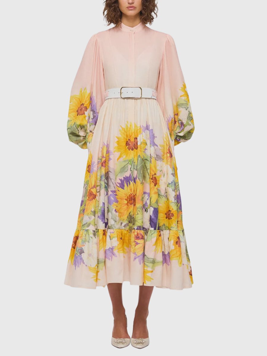 Sunflower Print Silk Linen Blend Midi Dress