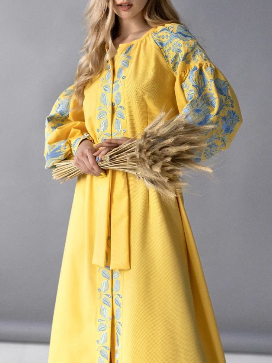 Embroidered Cotton Yellow Maxi Dress