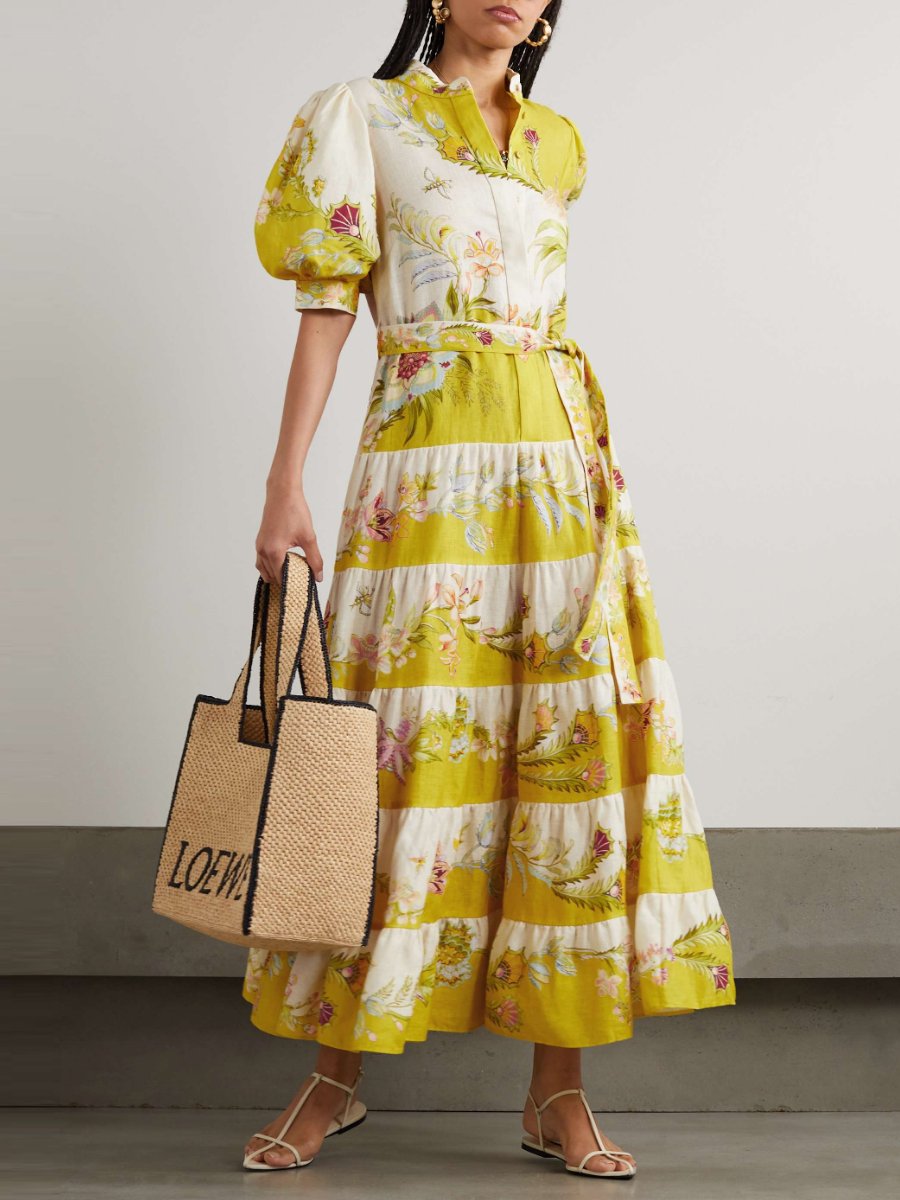Belted Tiered Printed Linen Maxi Dress