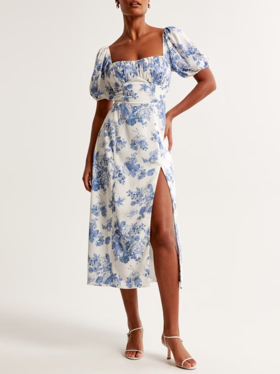 Blue Floral Short Sleeve Midi Dress