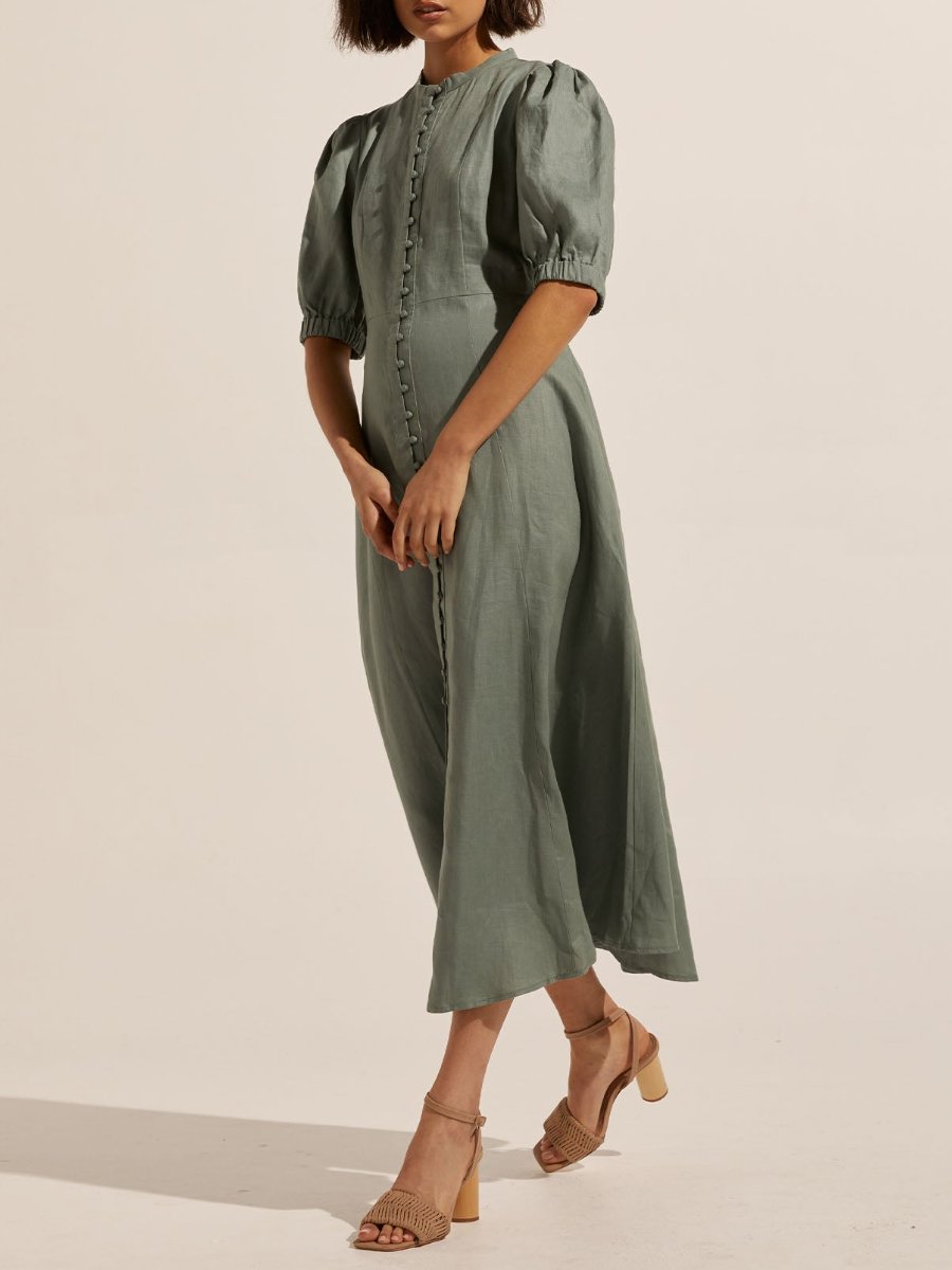 Elasticated Sleeve Sage Midi Dress