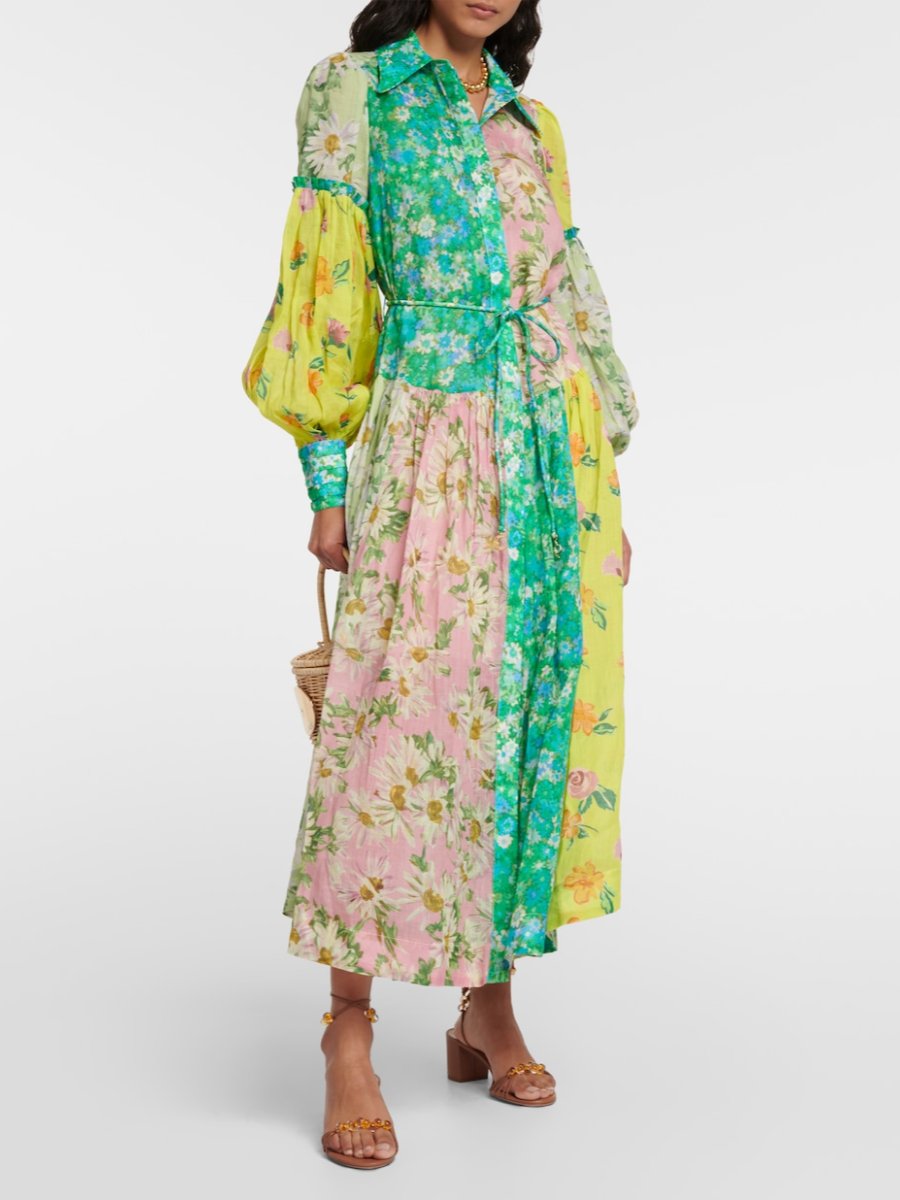 Patchwork Floral Printed Long Sleeve Maxi Dress