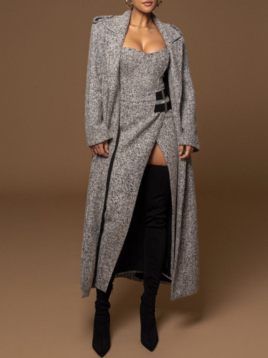 Grey Belted Tweed Coat