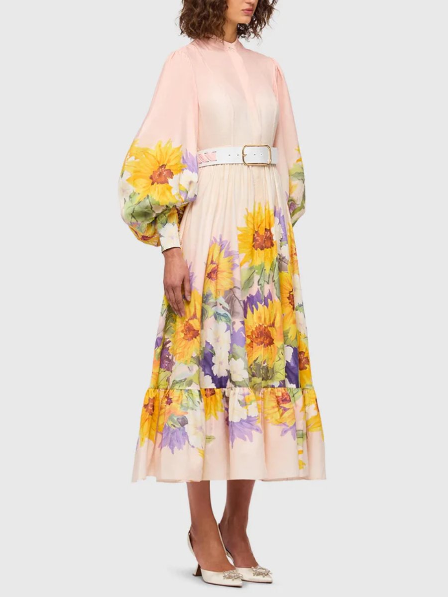 Sunflower Print Silk Linen Blend Midi Dress