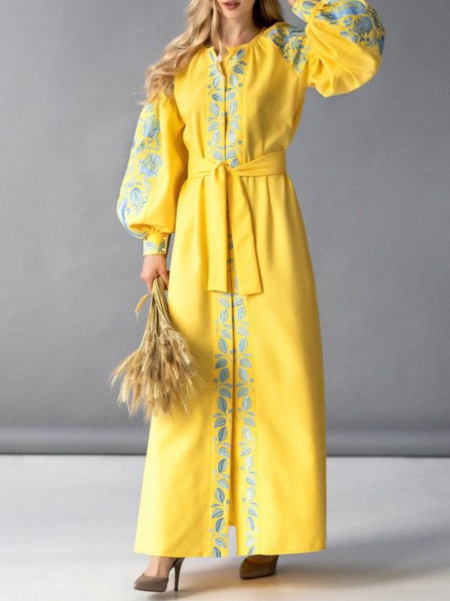 Embroidered Cotton Yellow Maxi Dress