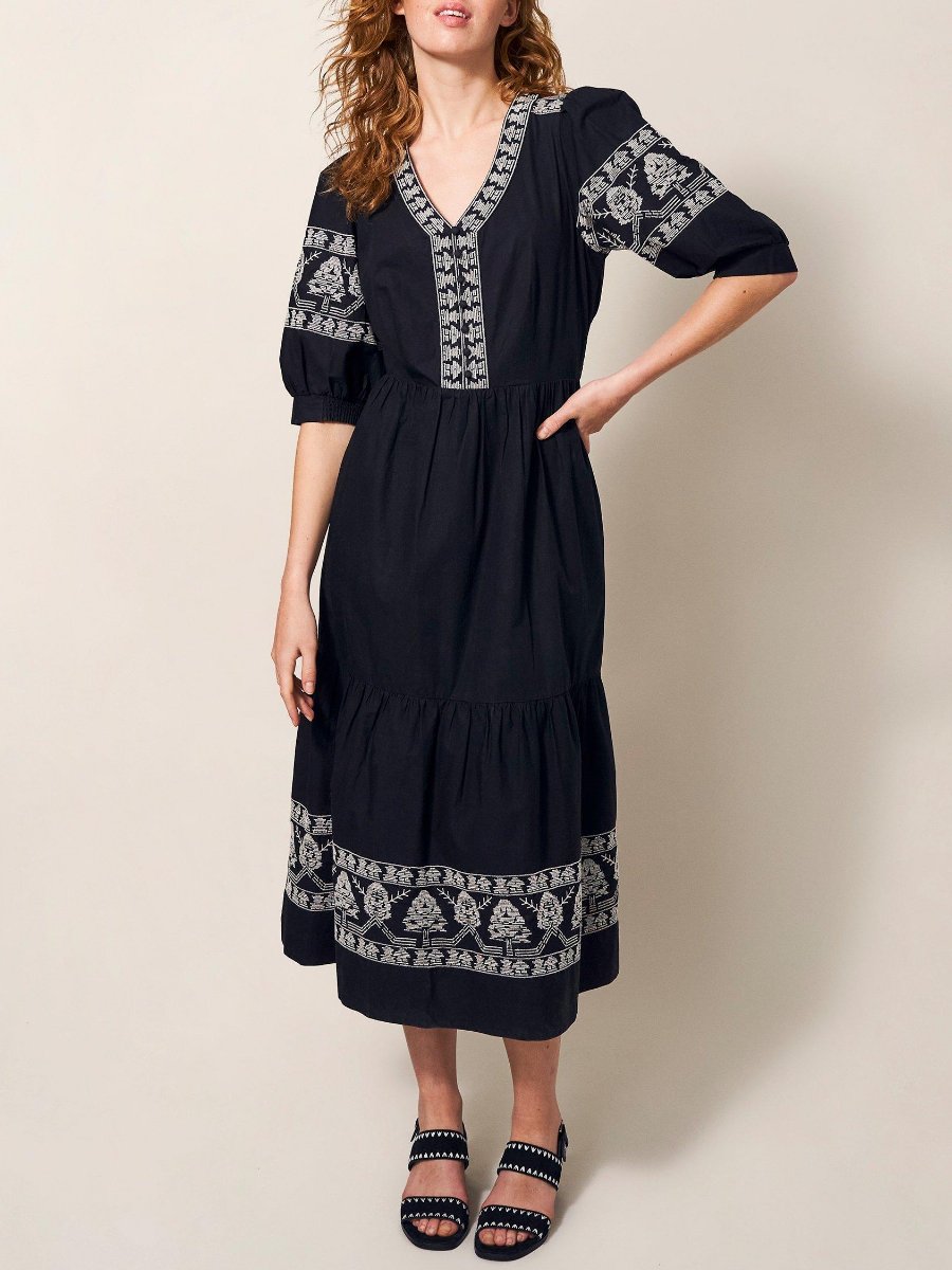 Short Sleeve Embroidered Black Midi Dress