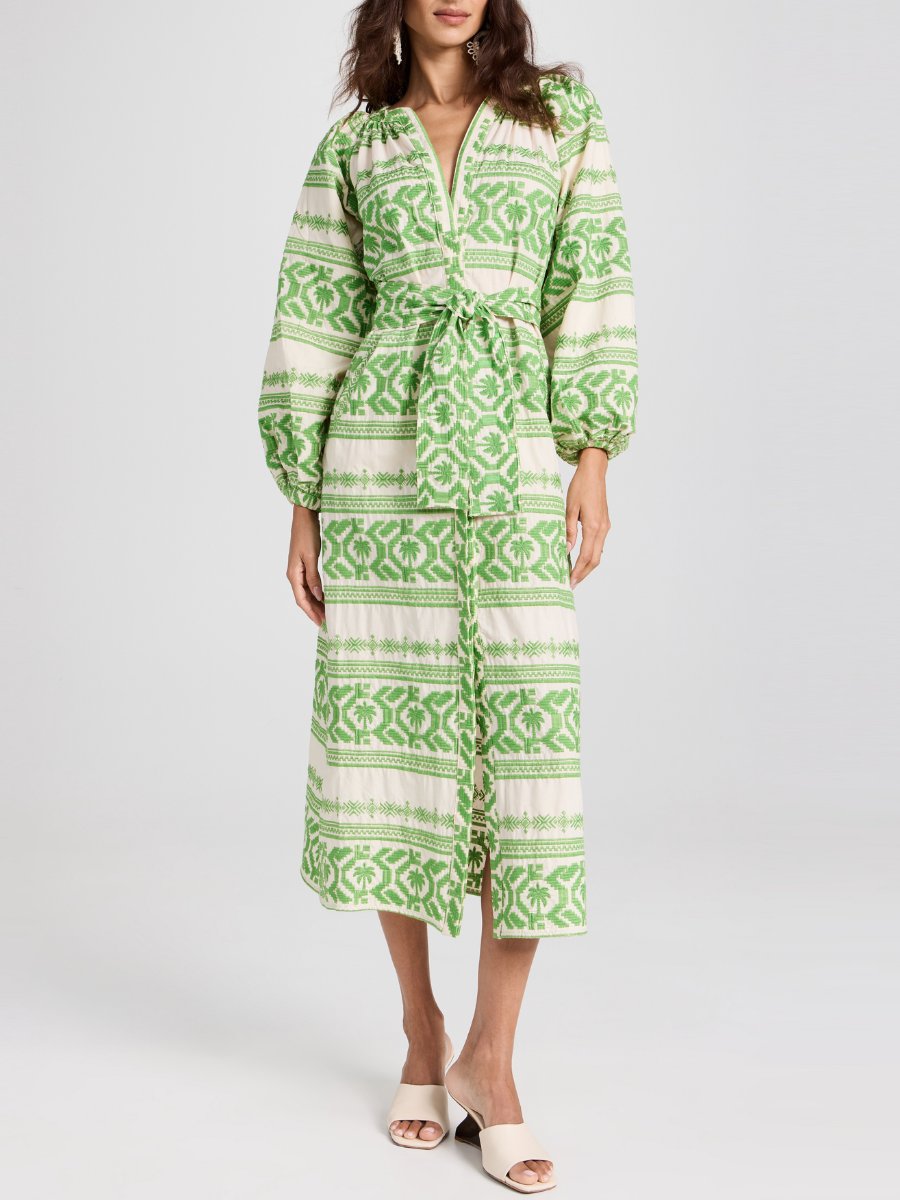 Ivory Green Embroidered Cotton Voile Midi Dress