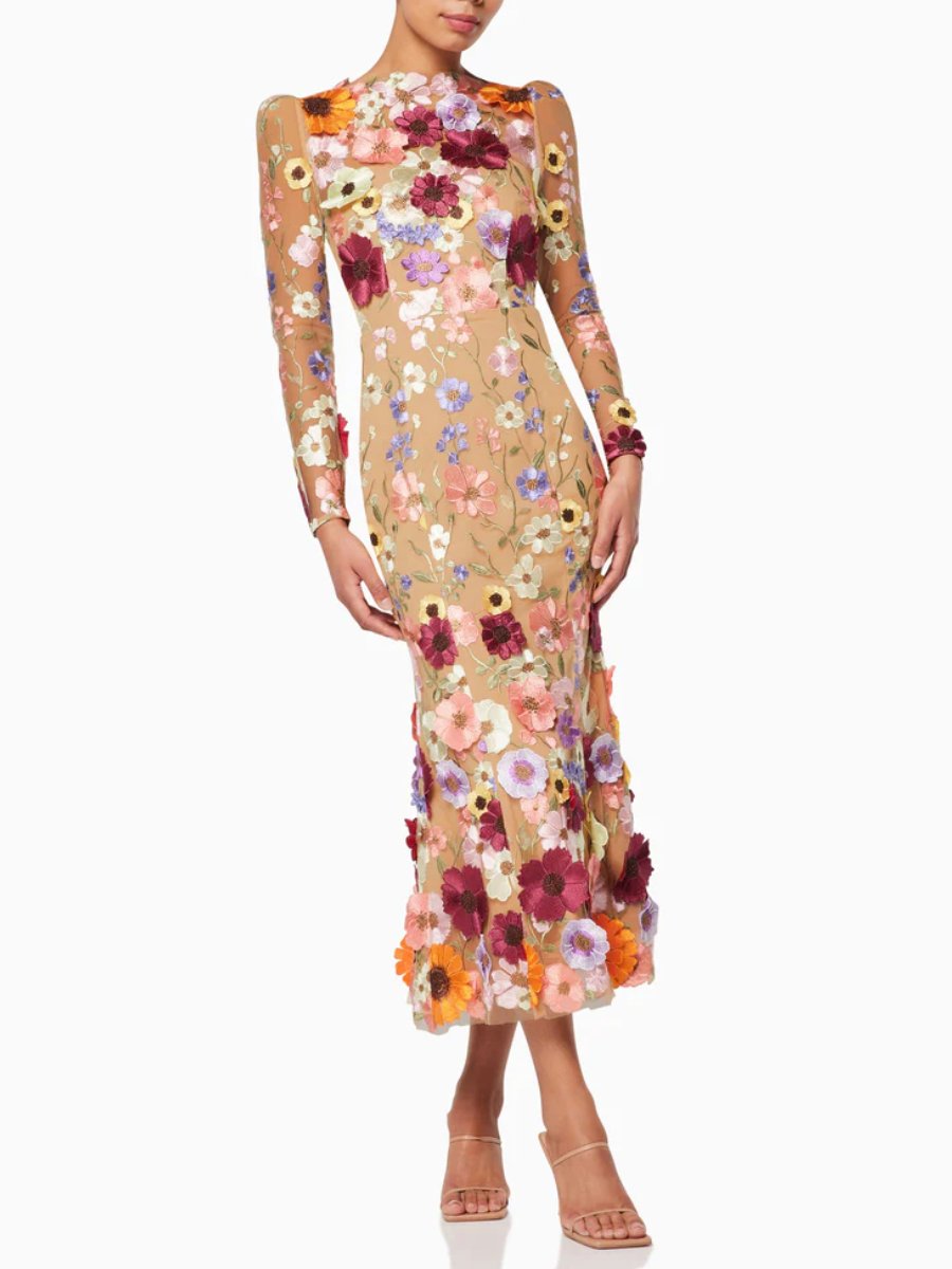 3D Floral Elegant Midi Dress