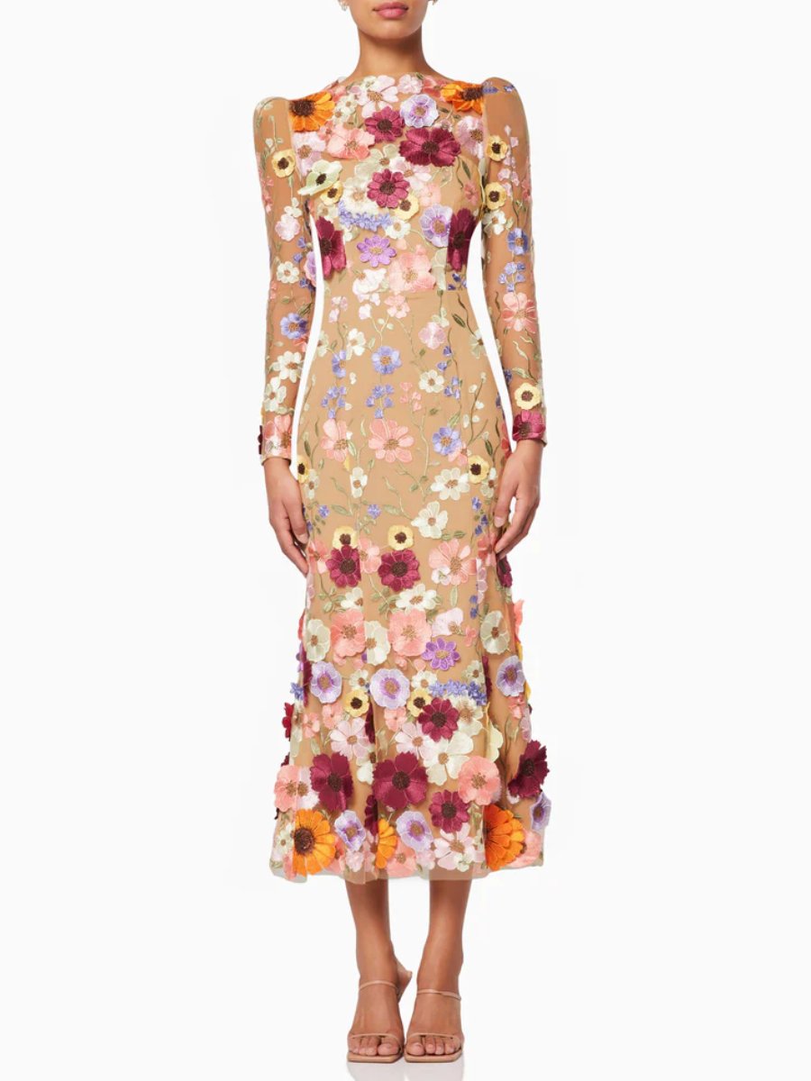 3D Floral Elegant Midi Dress
