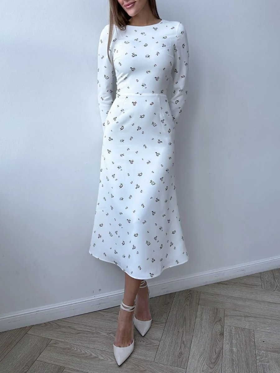 Floral Print Long Sleeve White Midi Dress