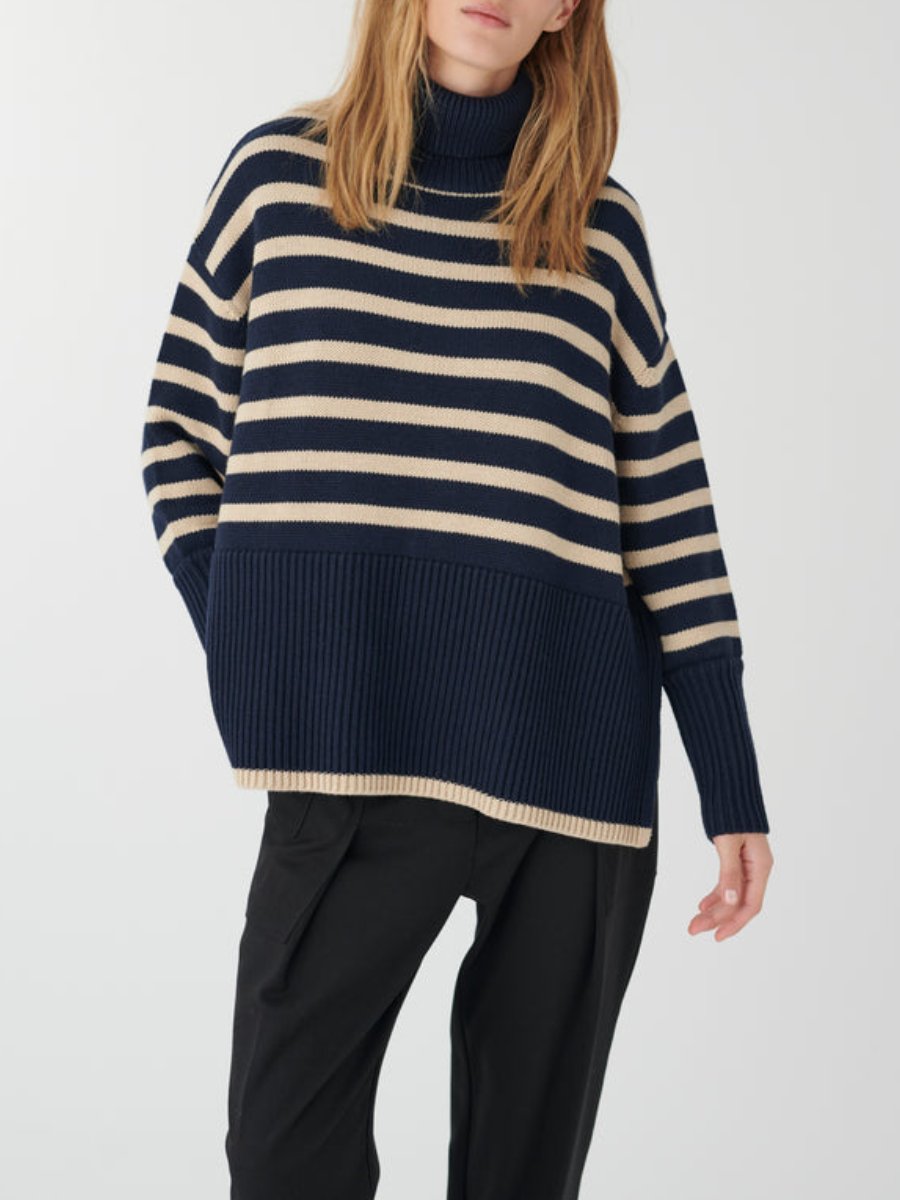 Navy Stripe High Neck Sweater