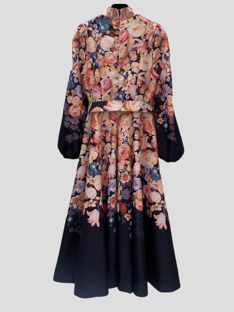 Cream Floral Print Linen Midi Dress