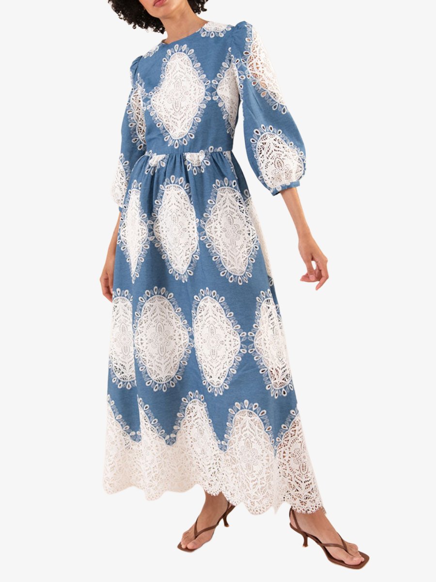 Ivory And Denim Lace Maxi Dress