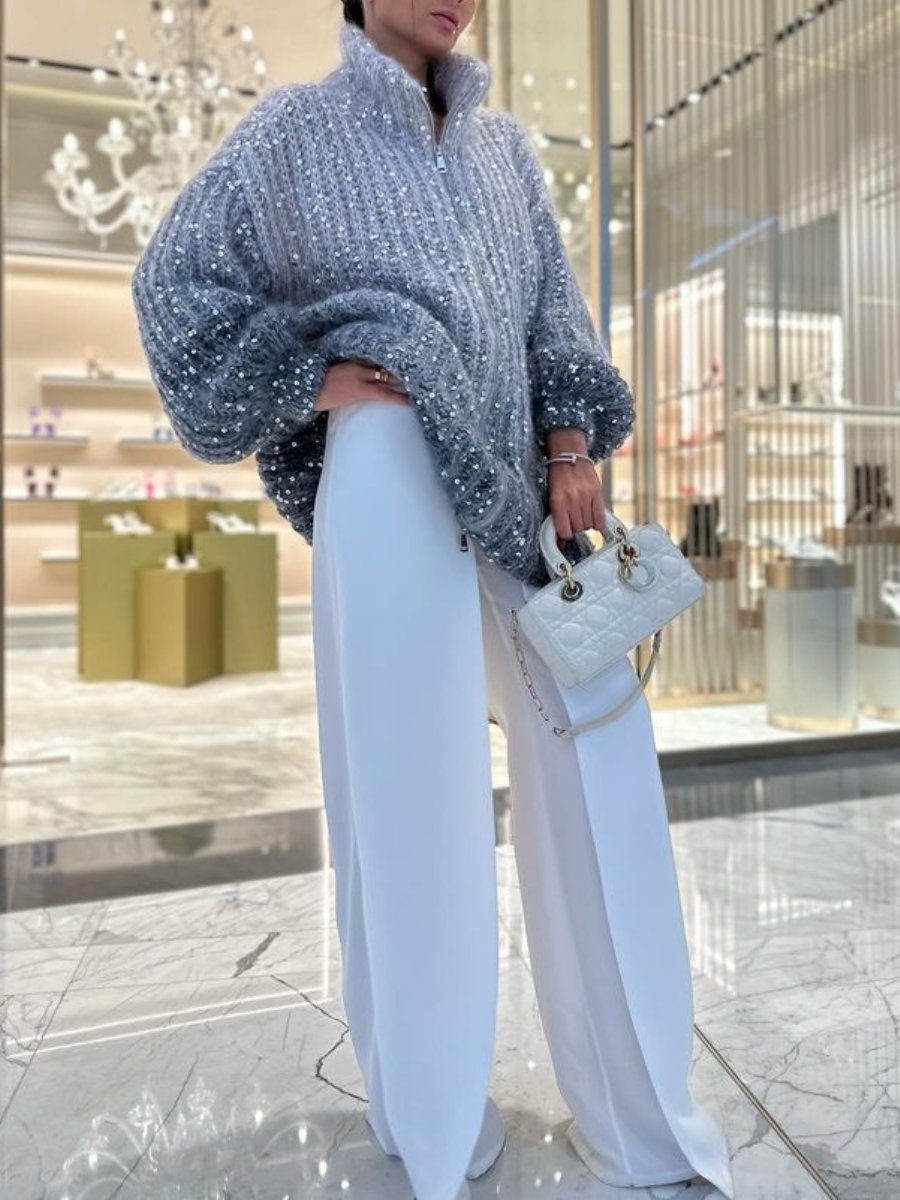 Solid Color Knitted Sequined Blue Sweater Jacket