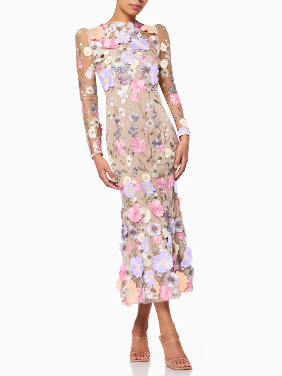 Pastel 3D Floral Midi Dress