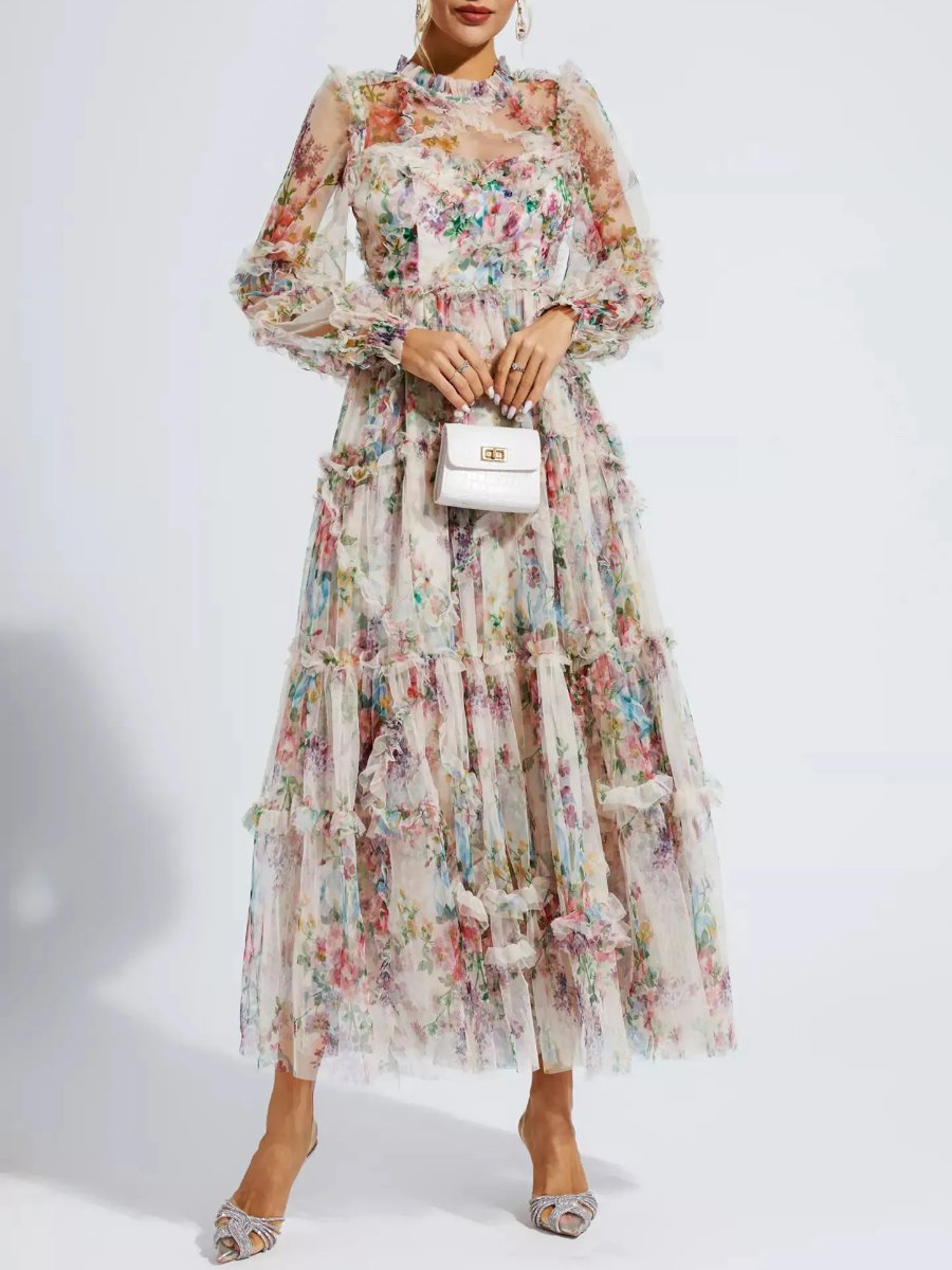 Apricot Floral Long Sleeve Maxi Dress