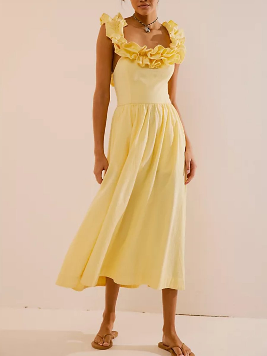 Ruffled Square Neck Yellow Midi Dress