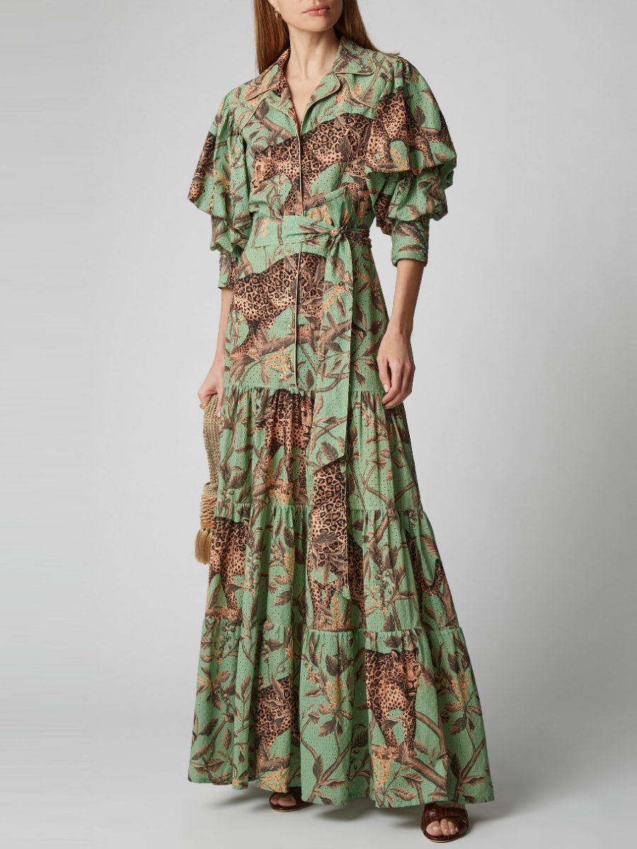 Green Cotton Leopard Print Maxi Dress