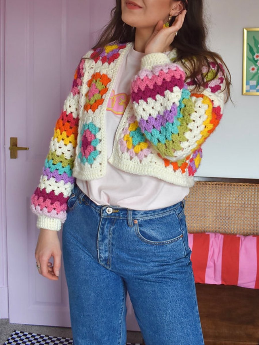 White Crocheted Granny Squares And Stripes Cardigan