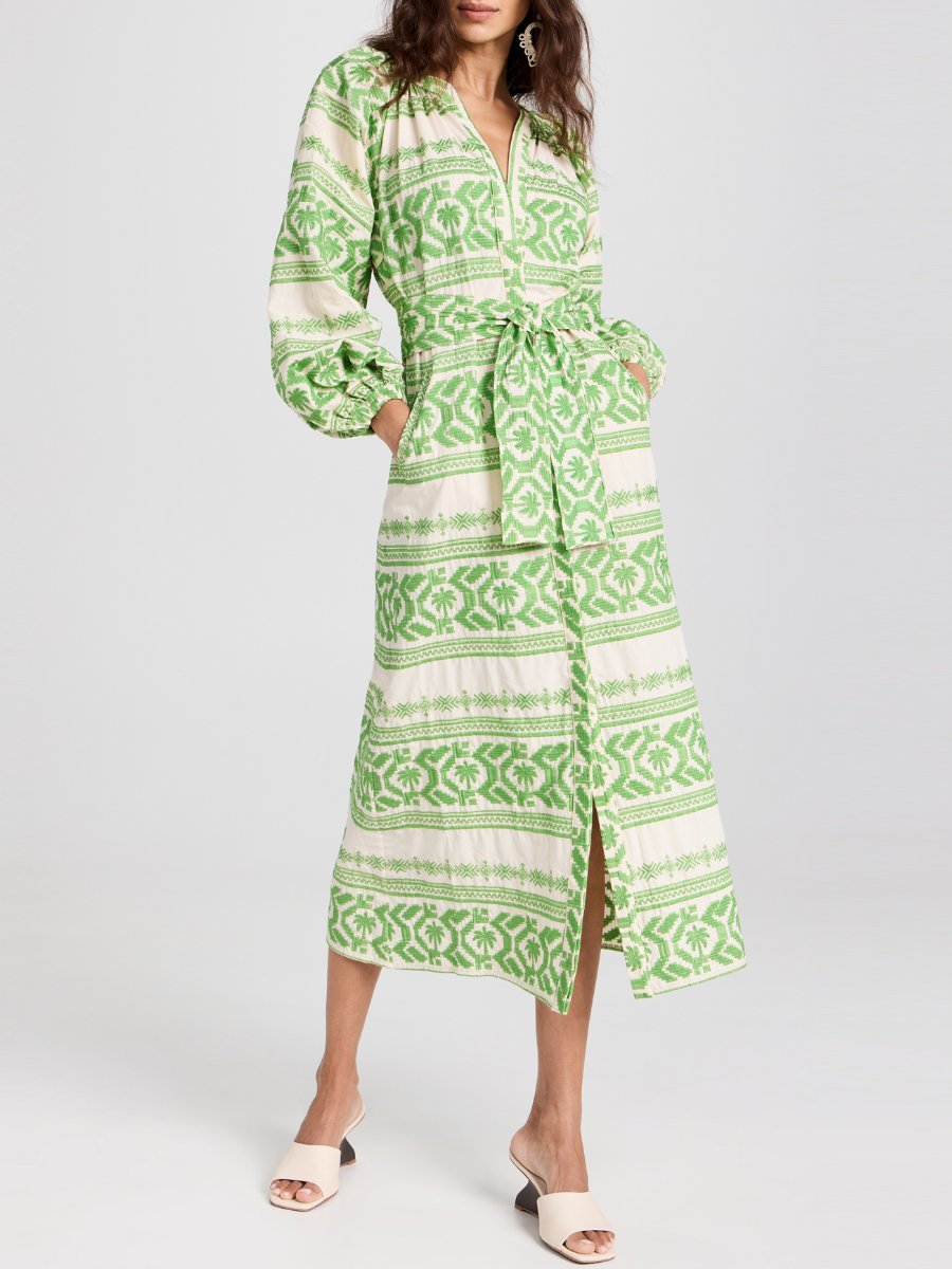 Ivory Green Embroidered Cotton Voile Midi Dress