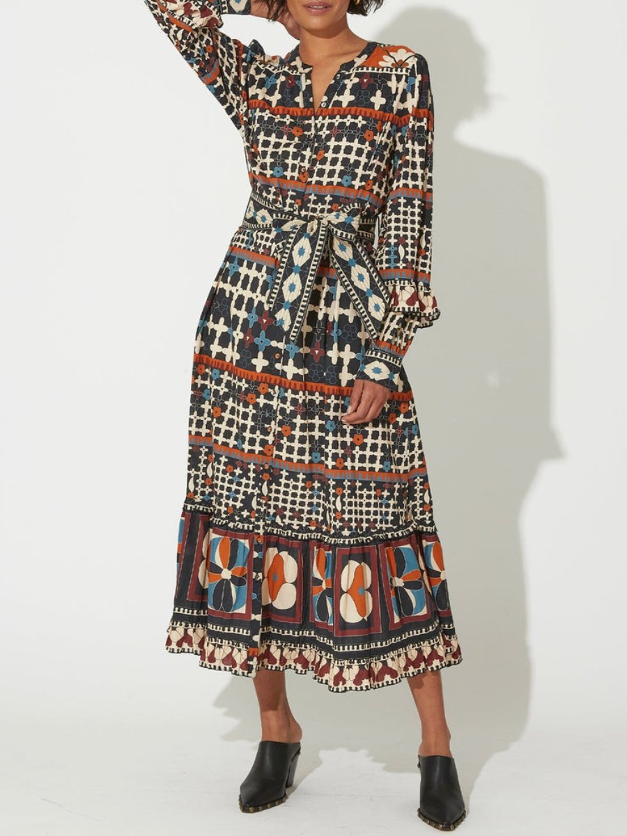 Belted Deco Print Midi Dress