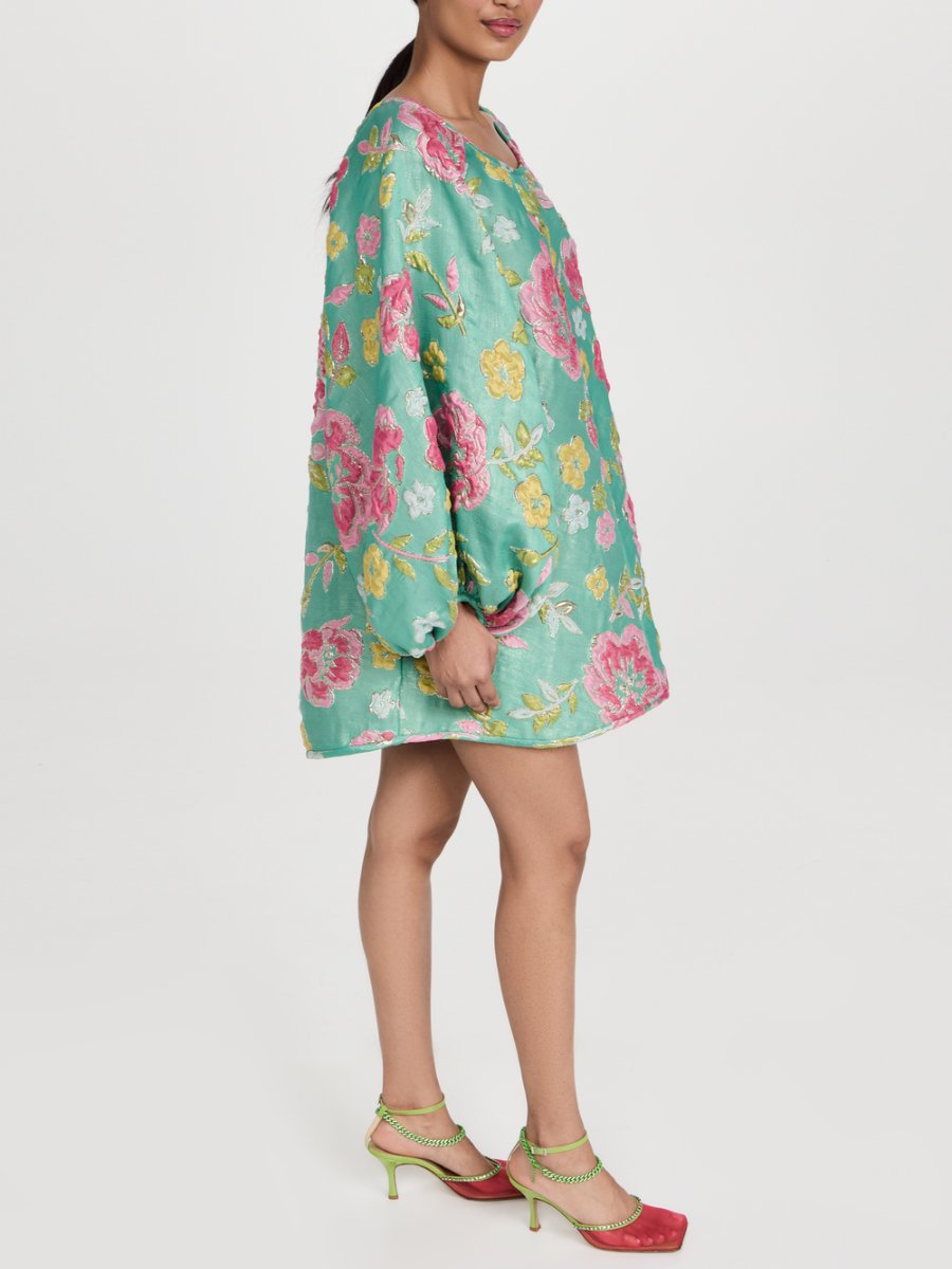 Green Puff Sleeve Floral Mini Dress