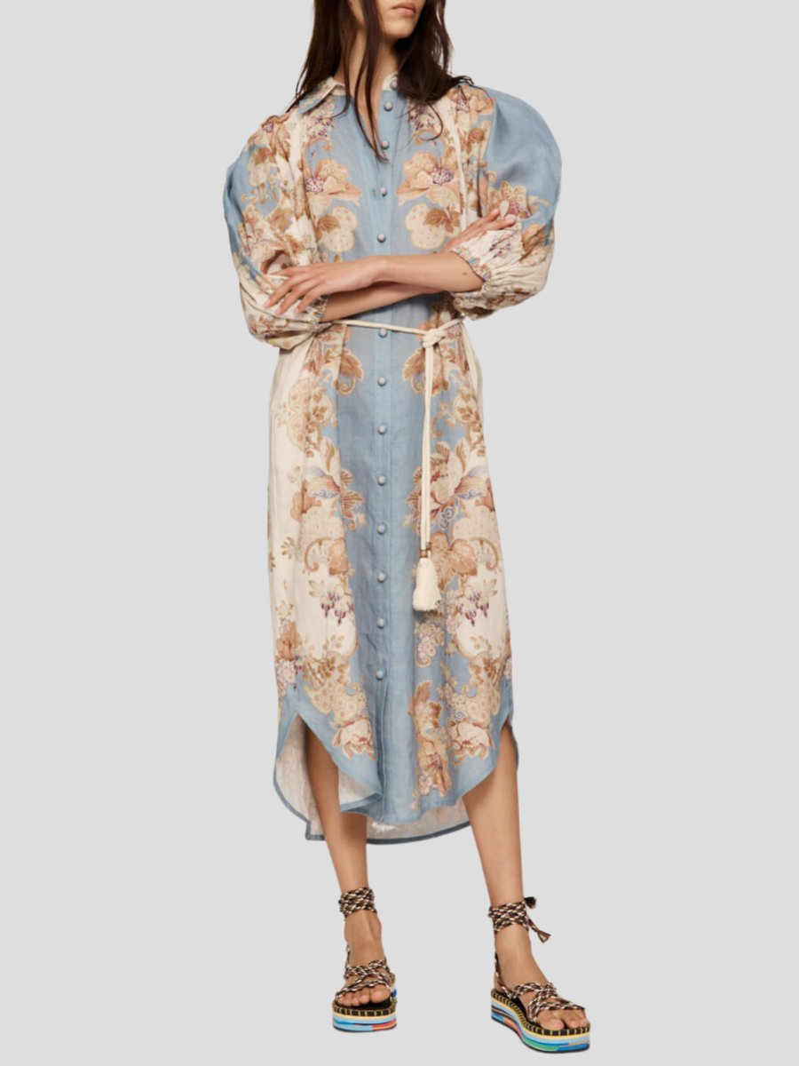 Blythe Floral Print Linen Midi Shirt Dress