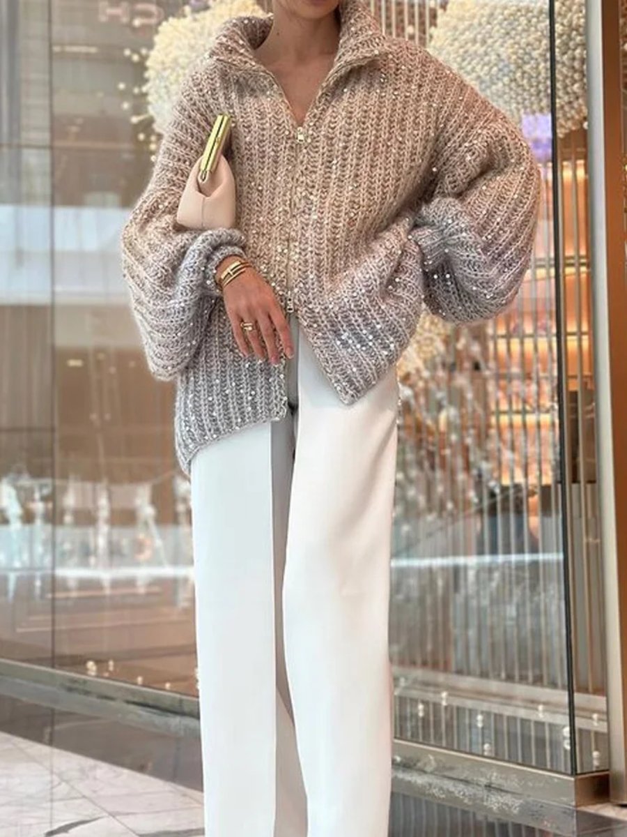 Solid Color Knitted Sequined Sweater Jacket