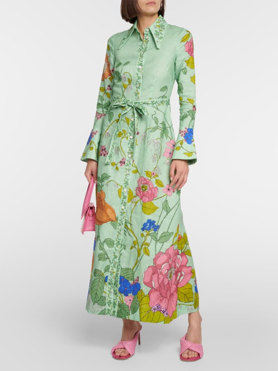 Green Floral Linen Shirt Maxi Dress