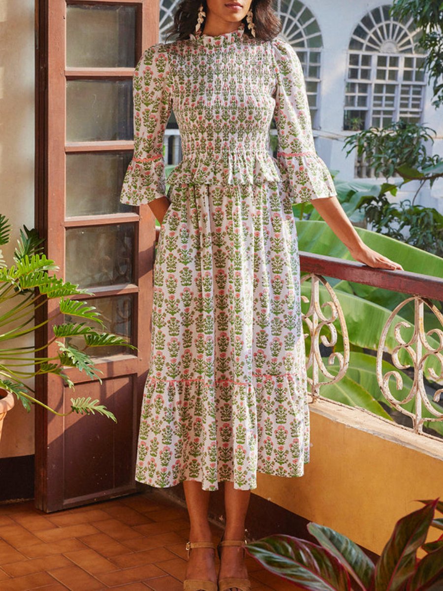 Vintage Floral 3/4 Sleeve Midi Dress