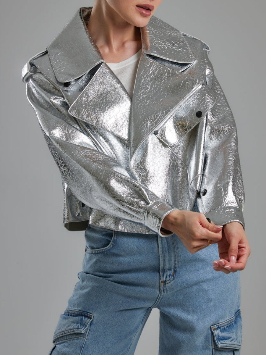 Silver Oversized Leather Jacket