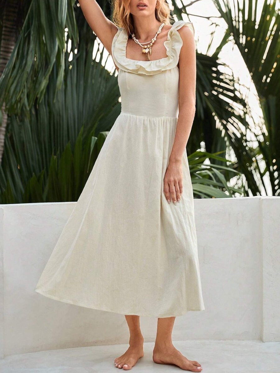 Ruffled Square Neck Ivory Midi Dress