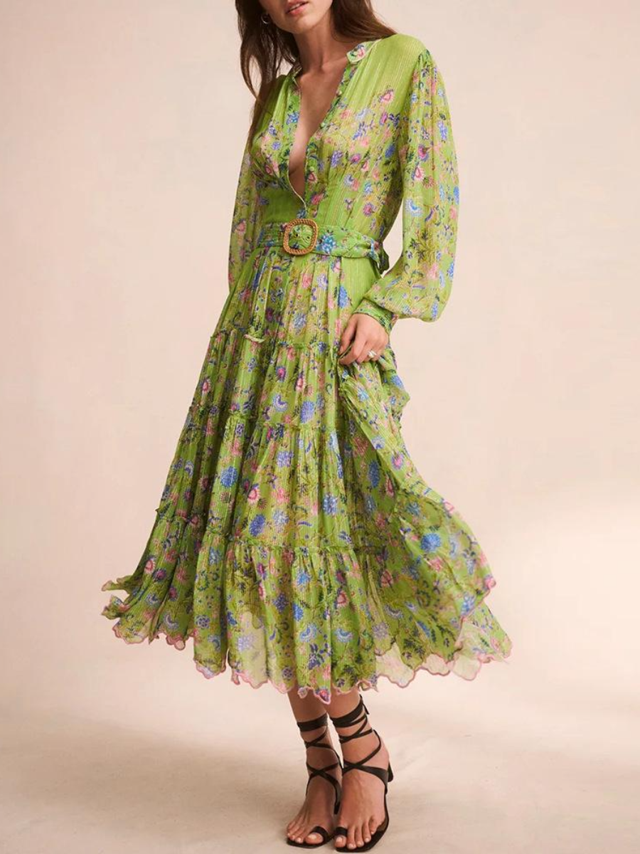 Green V-Neck Print Midi Dress