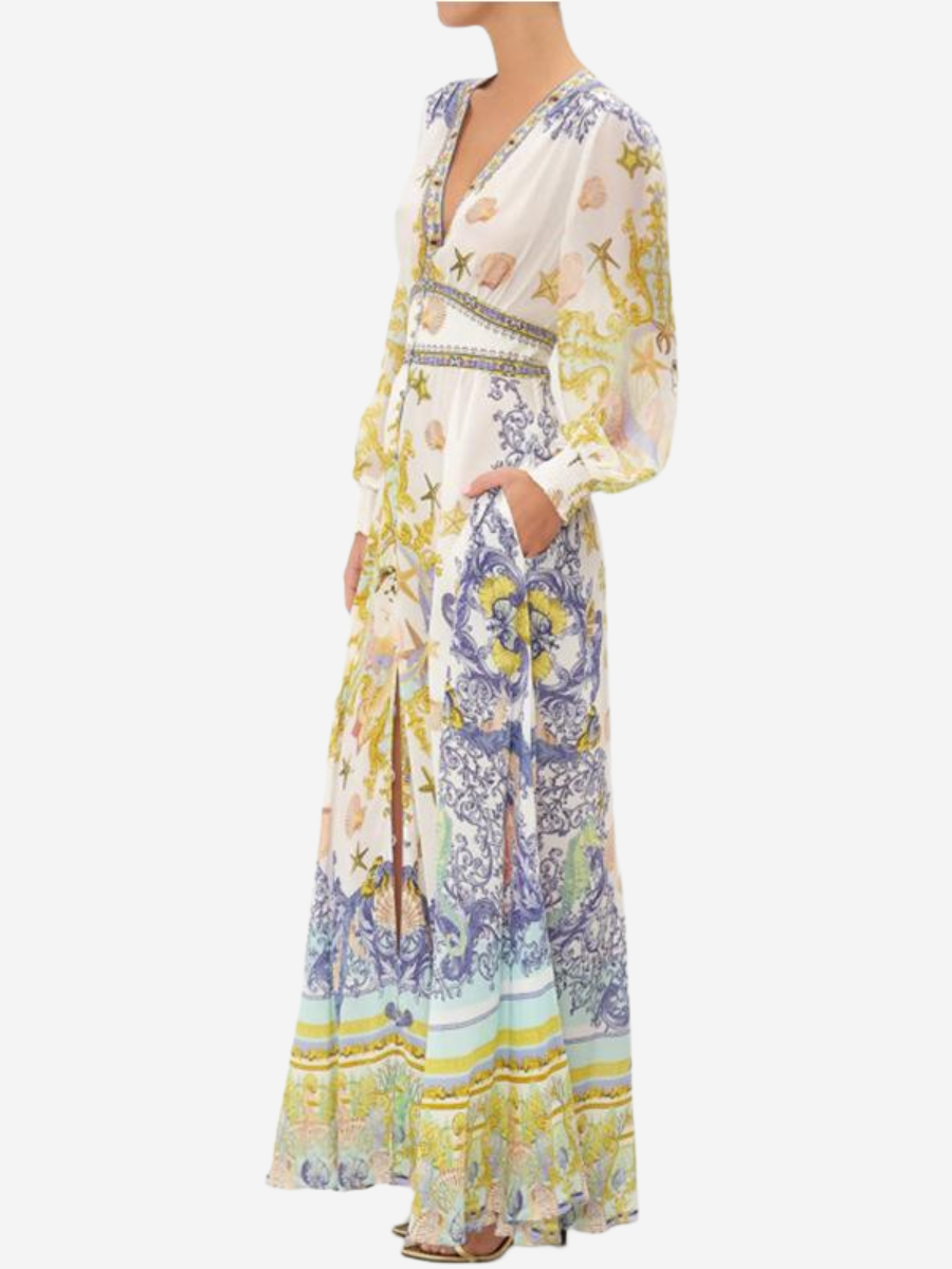 V-Neck Long Vintage Printed Elegant Maxi Dress