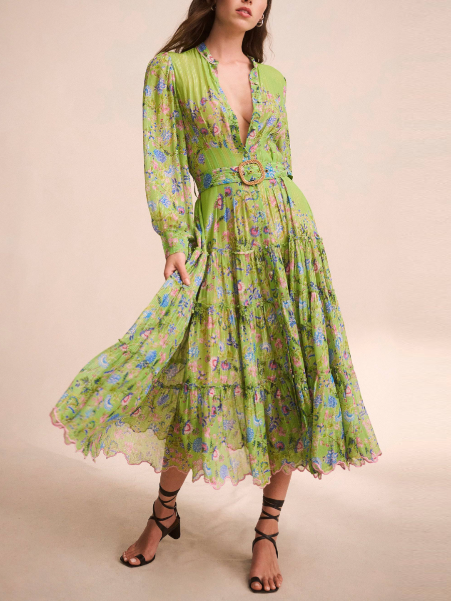 Green V-Neck Print Midi Dress