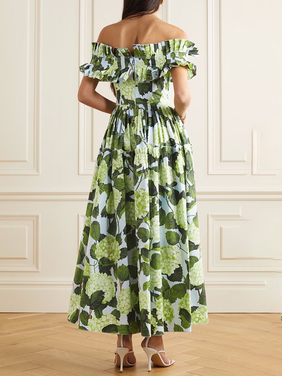 Sleeveless Half Waist Hydrangea Print Midi Dress