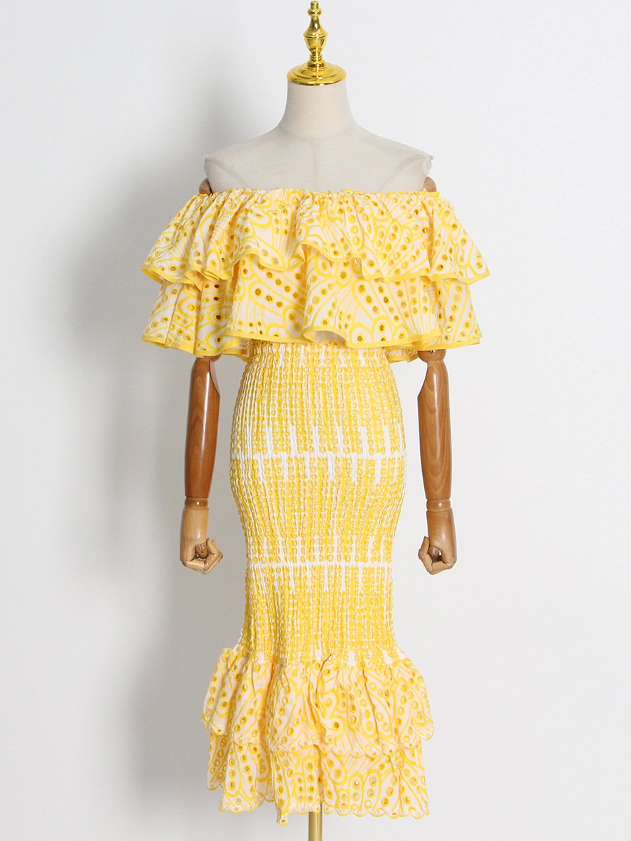 Embroidered Shirt High Waist Fishtail Set Dress