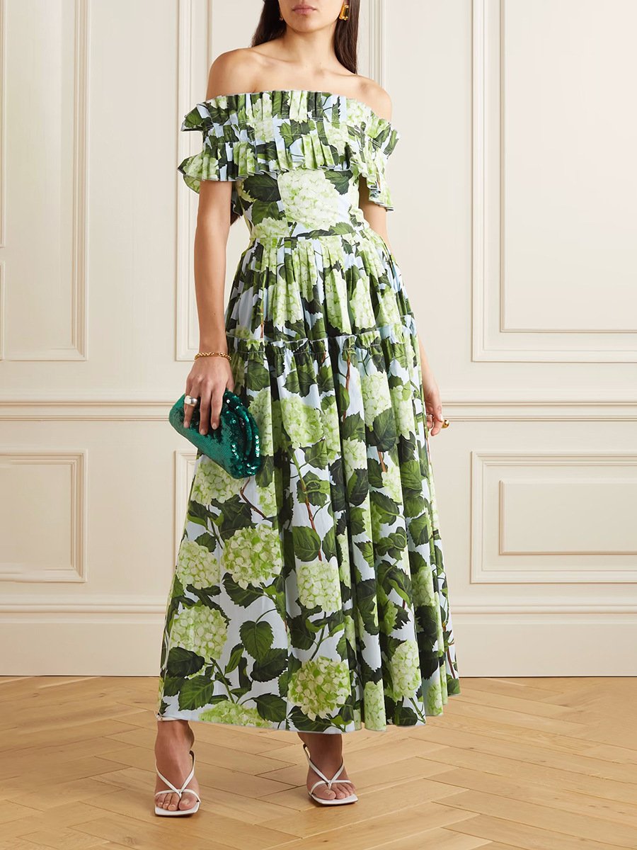 Sleeveless Half Waist Hydrangea Print Midi Dress