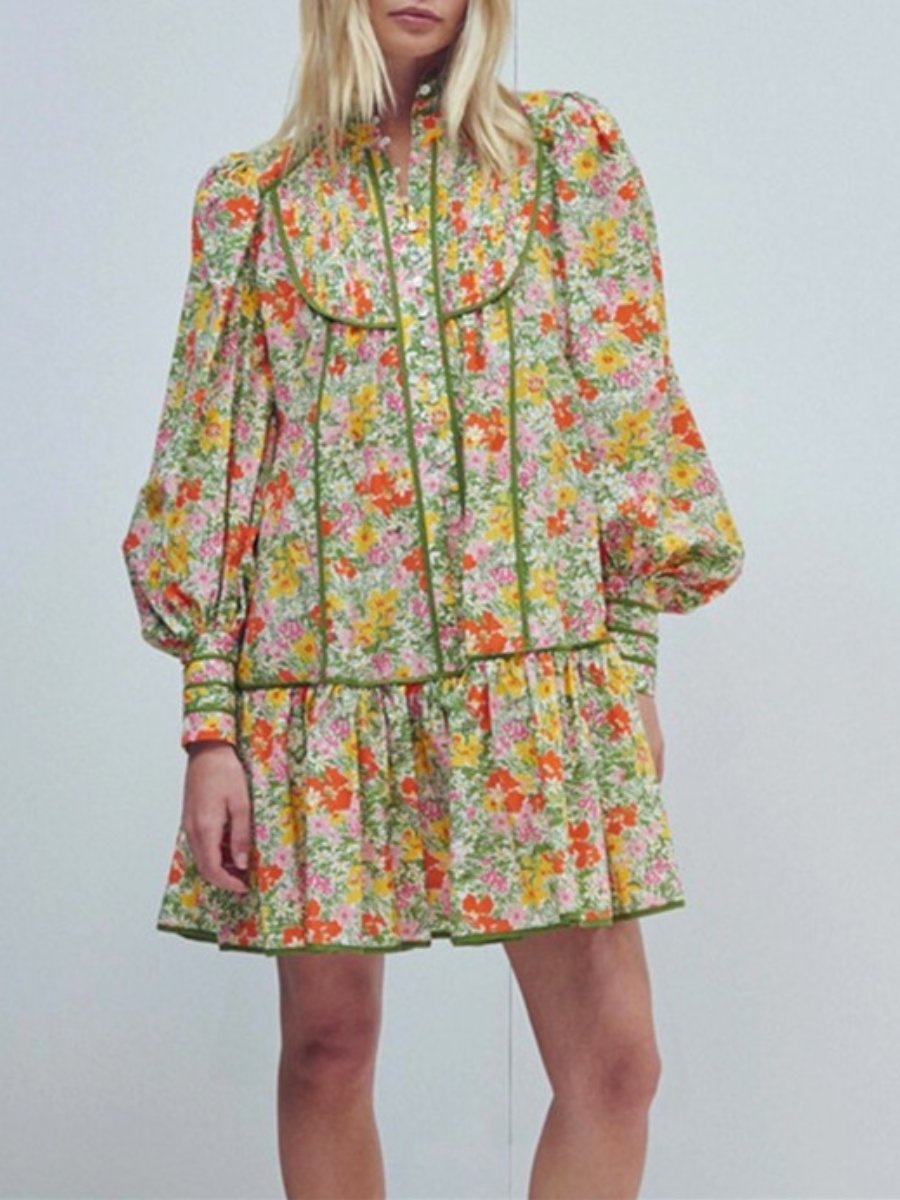 Puff Sleeves Vintage Pastoral Floral Mini Dress
