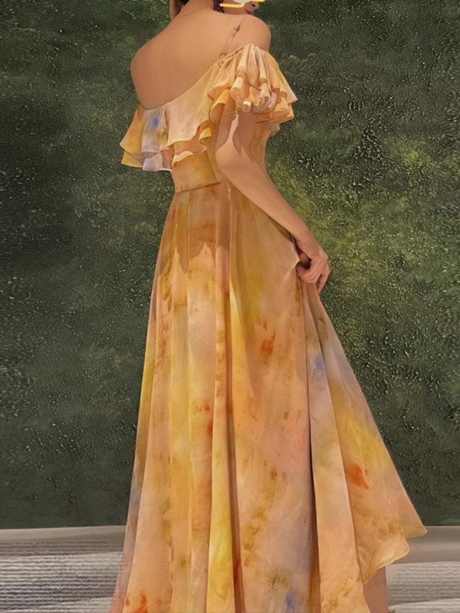 Oil Print Ruffled Maxi Dress
