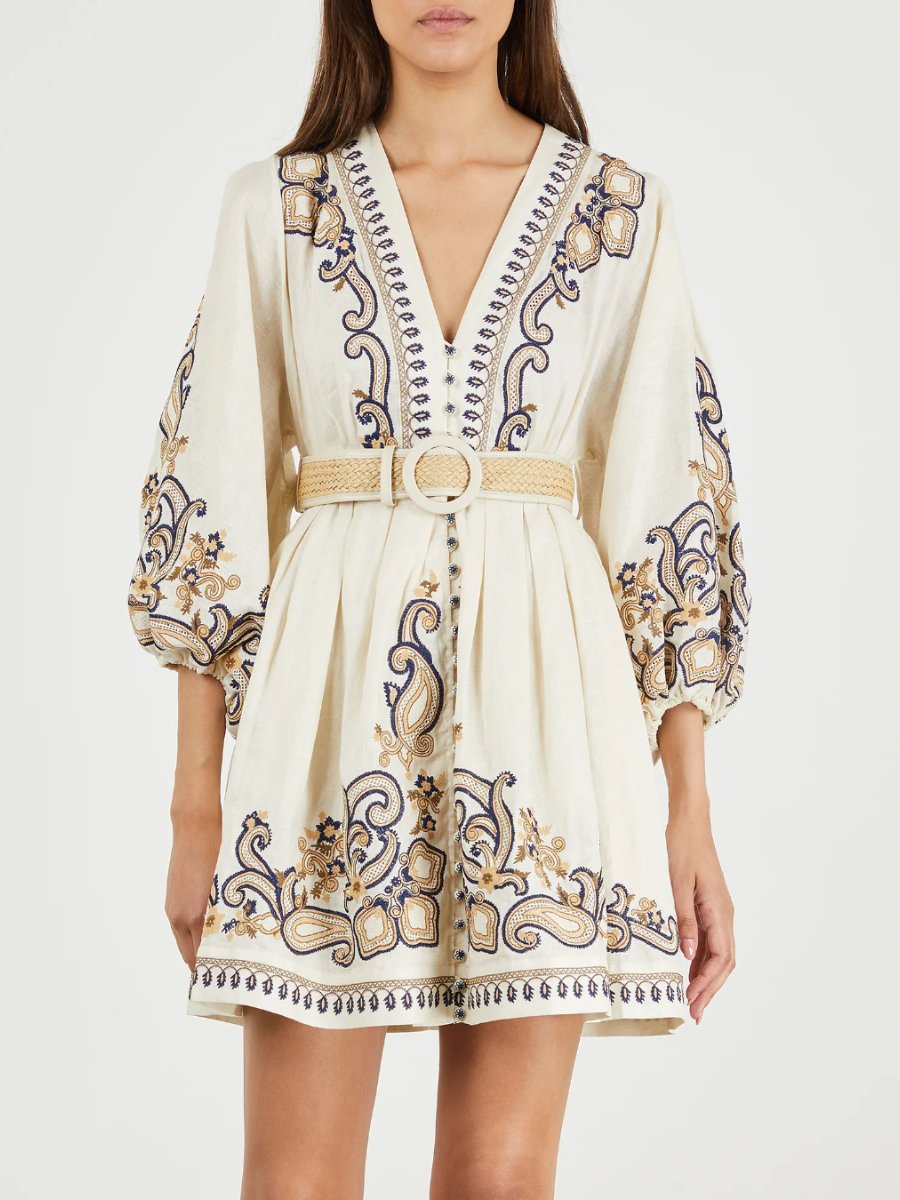 Embroidered Belted Mini Dress