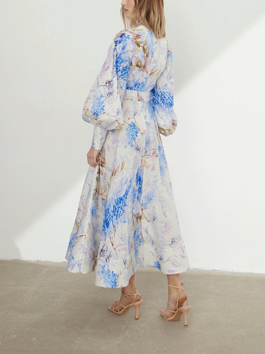 Single Breasted Waist Blue Floral Maxi Dress