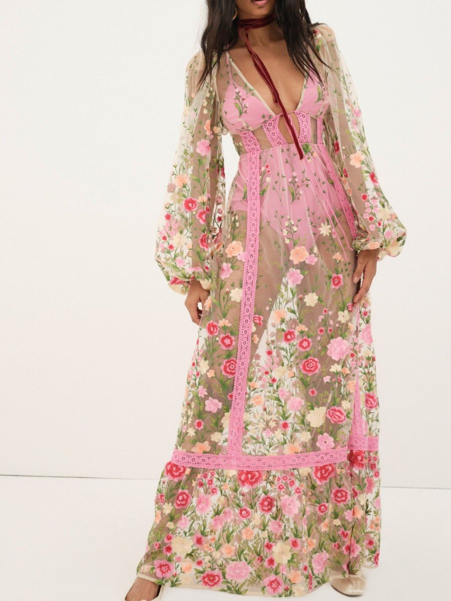 Garden Embroidery Ethereal Sheer Tulle Maxi Dress