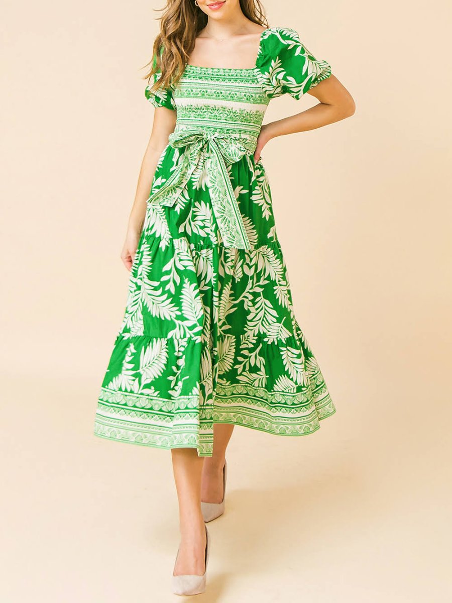 Green Fresh Leaf Print Short Sleeve Midi Dress